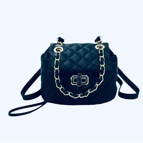 Badgley Mishka Mini Black Quilted Backpack with Gold Chain Handle & Straps - Picture 1 of 6